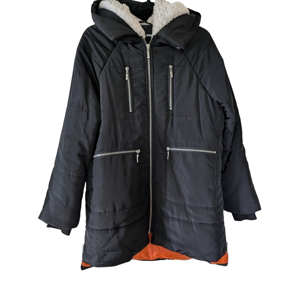 Fashion Nova Black Skater style Ski Jacket with Orange Lining Accents